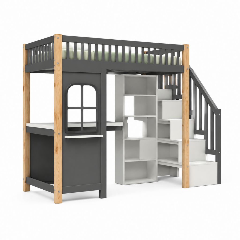 Kinderhochbett mit Treppe Schreibtisch und Regal Anthrazit Natur massiv Kiefer MDF 90 x 200 cm 205 x 125 x 180 cm
