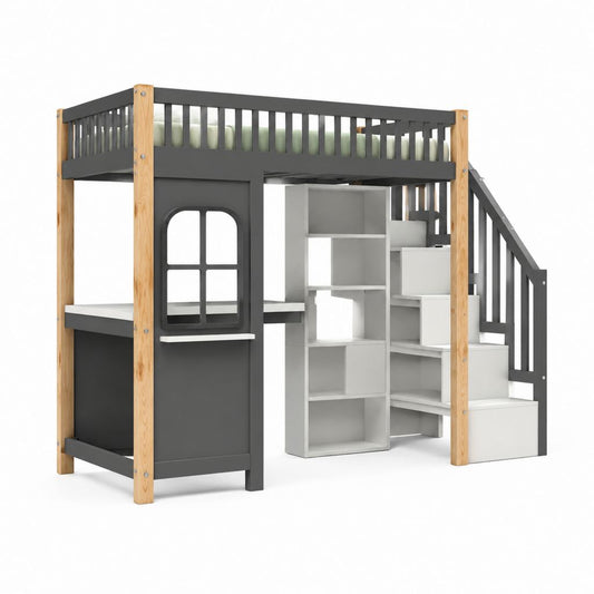 Kinderhochbett mit Treppe Schreibtisch und Regal Anthrazit Natur massiv Kiefer MDF 90 x 200 cm 205 x 125 x 180 cm