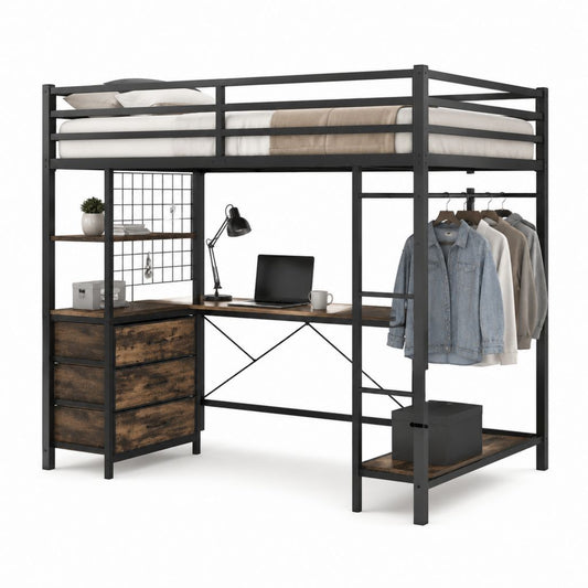 Hochbett mit Schreibtisch Kleiderstange und Kommode Schwarz Braun Stahl MDF 198 x 96 x 180 cm