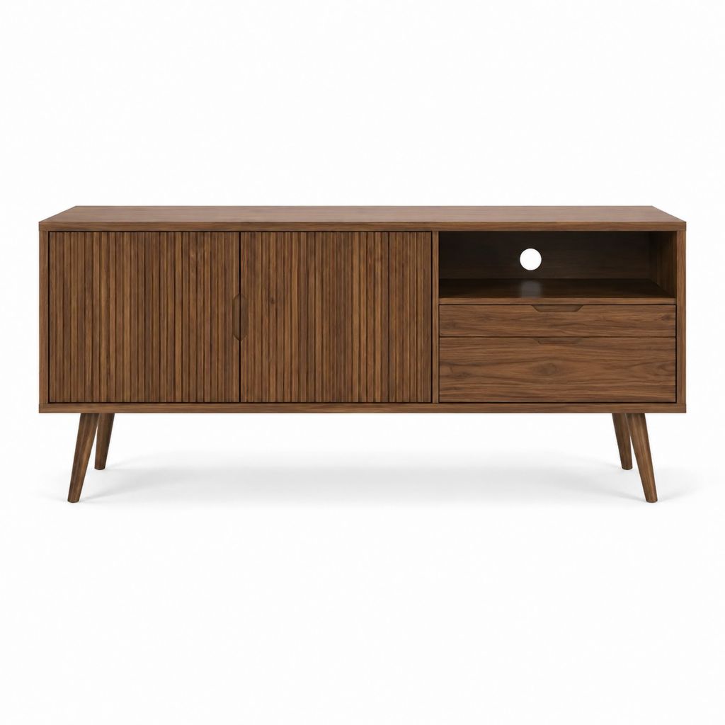 TV Lowboard Nussbaum MDF rechteckig 160 x 40 x 75 cm mit 2 Türen Schublade und offenem Fach