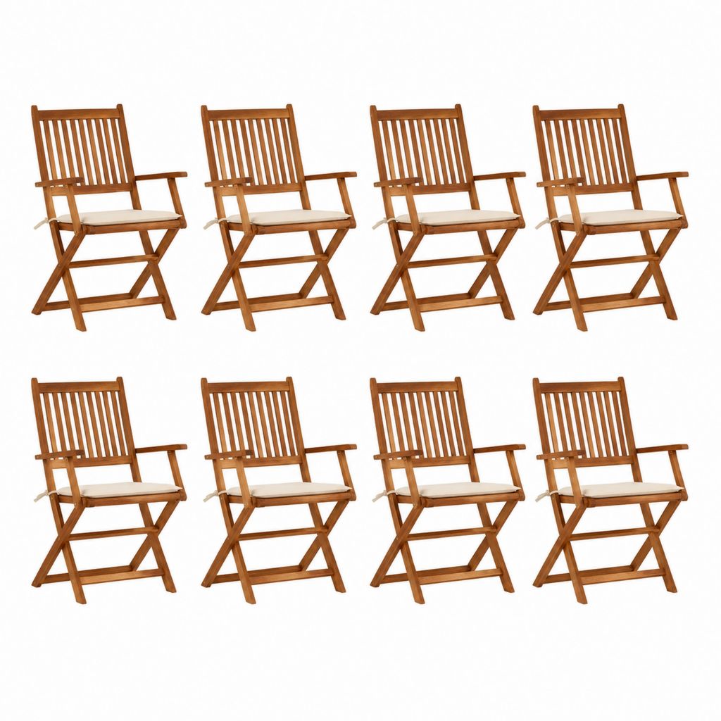 8er Set klappbare Gartenstühle Braun aus Akazien-Massivholz mit Creme Sitzkissen 54 x 57 x 91 cm