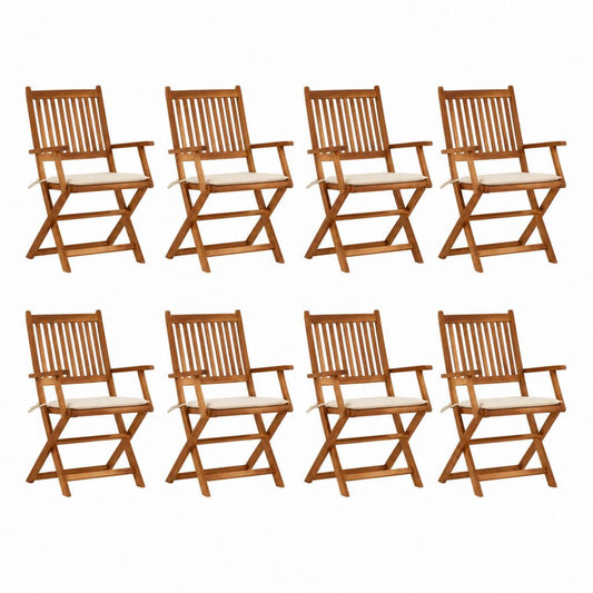 8er Set klappbare Gartenstühle Braun aus Akazien-Massivholz mit Creme Sitzkissen 54 x 57 x 91 cm