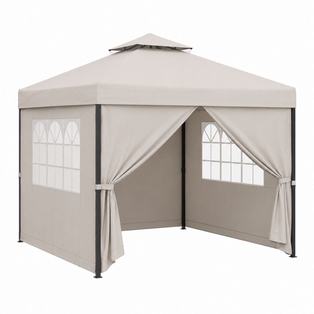 Pavillon 3 x 3 m Beige mit Seitenteilen aus Polyester und Stahlrahmen