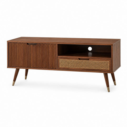 TV-Lowboard walnussbraun aus MDF mit Walnussfurnier und Rattan rechteckig 120 x 40 x 60 cm mit Schiebetür Schublade und offenem Fach