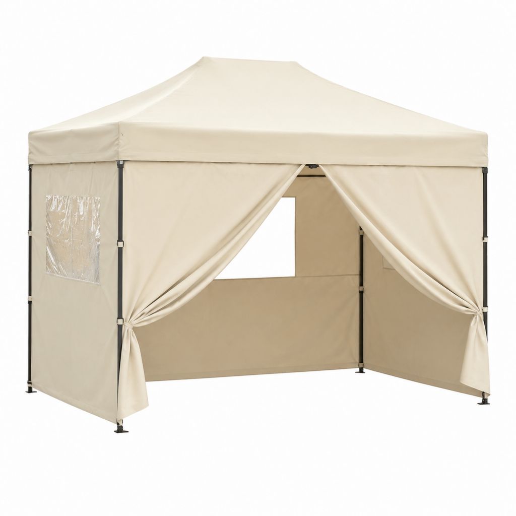 Faltpavillon 3 x 3 m Beige mit Stahlgestell Polyester Dach und Seitenwänden