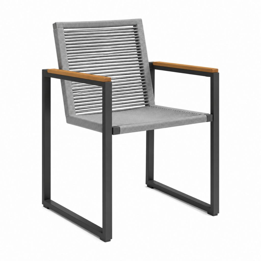 Gartenstuhl mit Armlehnen Grau Schwarz Akazienholz Aluminium und Polypropylen-Seilgeflecht 60 x 65 x 86 cm