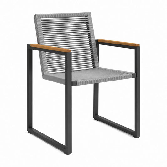 Gartenstuhl mit Armlehnen Grau Schwarz Akazienholz Aluminium und Polypropylen-Seilgeflecht 60 x 65 x 86 cm